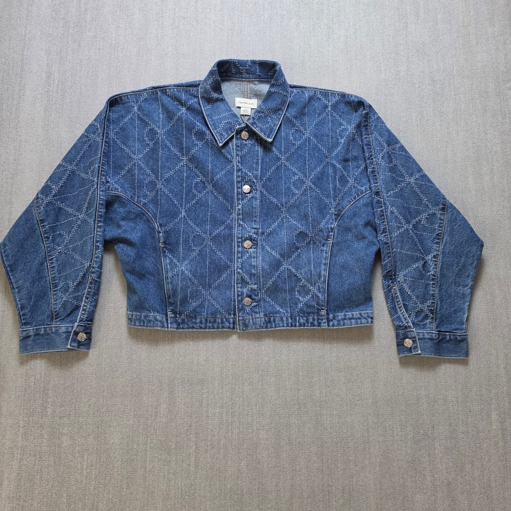 Calvin Klein Jeans Womens M Allover Logo Denim Trucker Jacket Retail $170 NWT